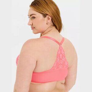 Torrid - 44D, T-Shirt Lightly Lined Lace Front Close Racerback Bra in Neon Pink﻿